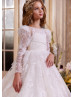 Long Sleeves Beaded Ivory Printed Tulle Flower Girl Dress